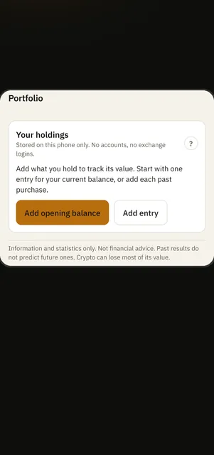 Portfolio: an empty holdings card, stored on the phone only, with the not-advice note