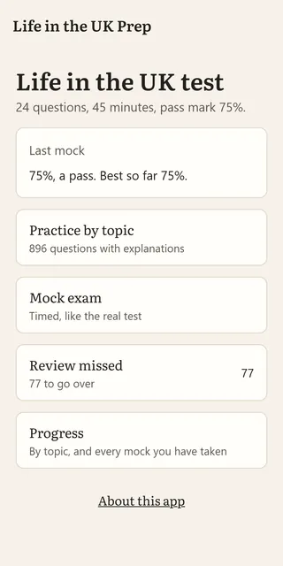 Home screen: last mock result, practice by topic, mock exam and review missed