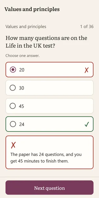 A question with the right and wrong answers marked and a short explanation