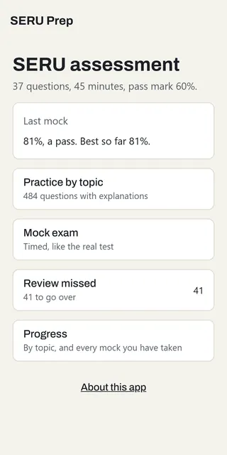 Home screen: last mock result, practice by topic, mock test and review missed