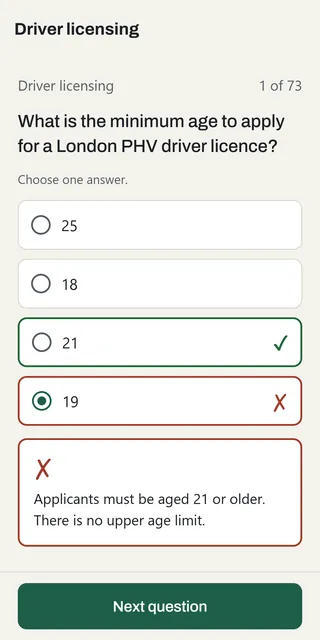 A question with the right and wrong answers marked and a short explanation